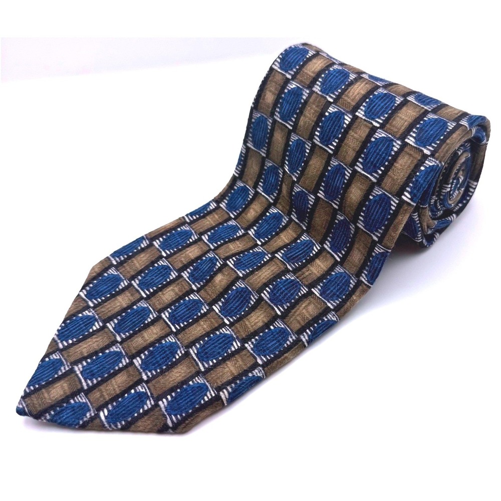 XMI Nordstrom Mens Silk Tie Blue Bronze Geometric Hand Sewn USA Necktie-2494